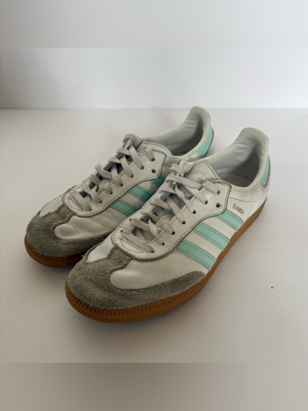 Adidas Kid's Samba OG J White Semi Flash Aqua Blue 5.5 Sneakers Skater Preppy